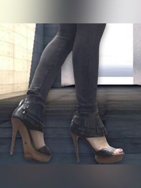 Velvet Angels ‘Queen’ Black Fringe Platform Stiletto Heels